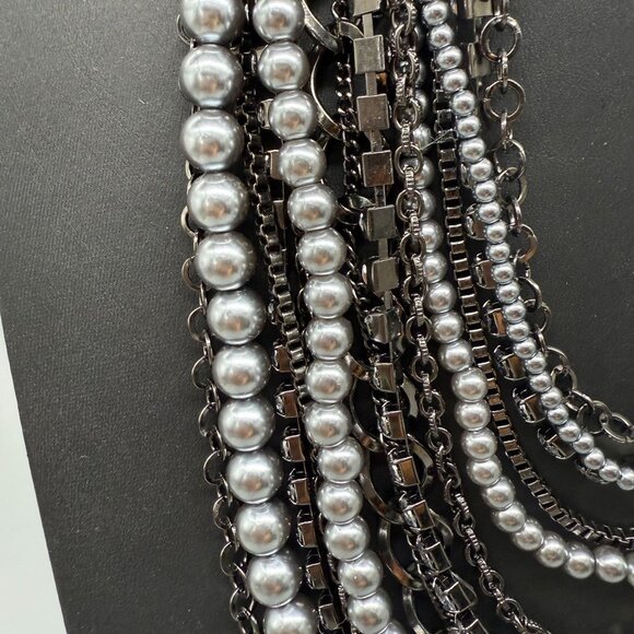 Rhinestone Gray Beaded Layered Multi-Strand Chain Necklace Silver Tone - Picture 2 of 5